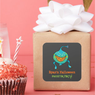 Cartoon Groene Monster Alien Kind Halloween Party Vierkante Sticker