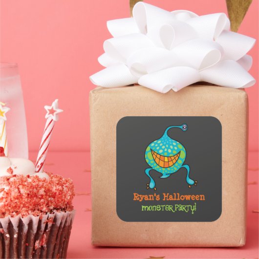 Cartoon Groene Monster Alien Kind Halloween Party Vierkante Sticker (Feest)