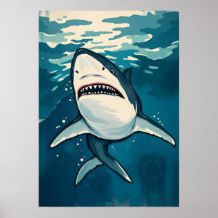 Cartoon Grote Witte Haai – Ocean Predator Art Poster