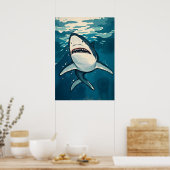 Cartoon Grote Witte Haai – Ocean Predator Art Poster (Keuken)