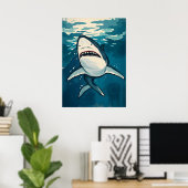 Cartoon Grote Witte Haai – Ocean Predator Art Poster (Thuiskantoor)