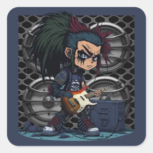 Cartoon Grunge Punk Rock & Roll gitaar versterker  Vierkante Sticker (Voorkant)