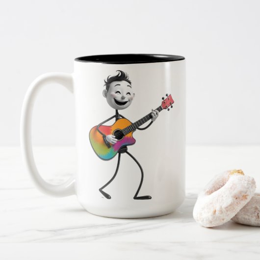 Cartoon Guitarist Mug Tweekleurige Koffiemok (Met donut)