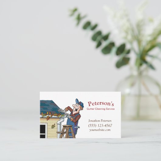 Cartoon Gutter Cleaning Service Guy Visitekaartje (Staand voorkant)