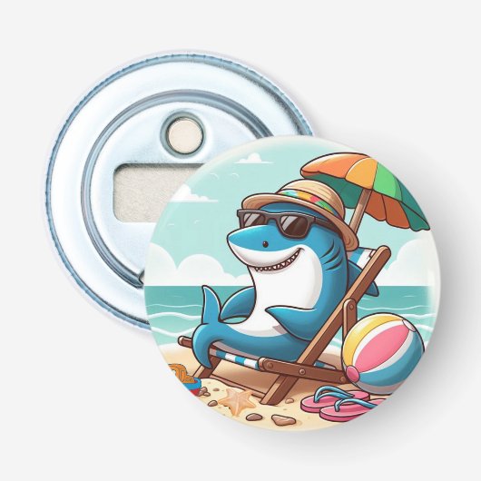 Cartoon haai op het strand button flesopener (Voorkant)