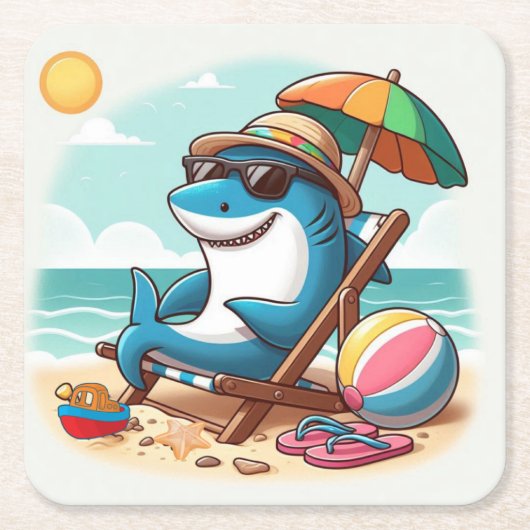 Cartoon haai op het strand kartonnen onderzetters (Voorkant)