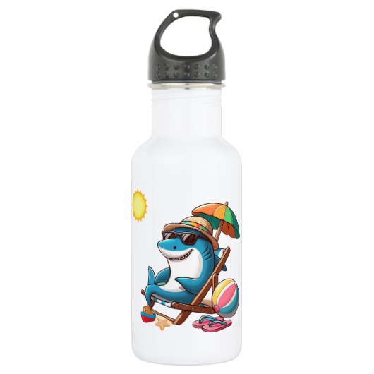 Cartoon haai op het strand waterfles  (Voorkant)