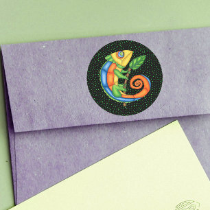 Cartoon Hagedis Holding Leaf Vibrant Kleuren Stipp Ronde Sticker