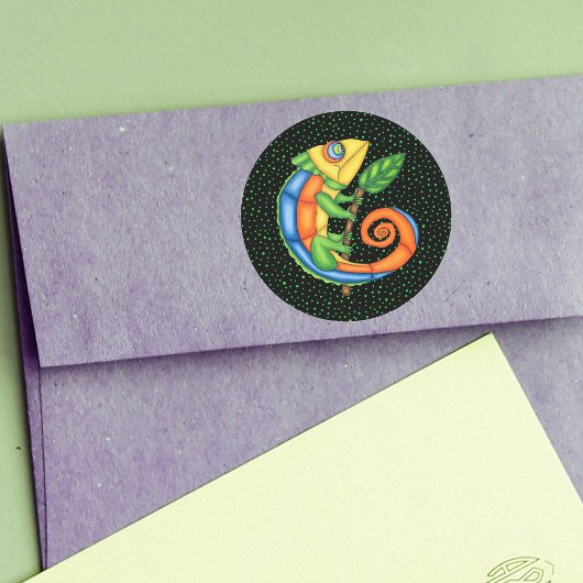 Cartoon Hagedis Holding Leaf Vibrant Kleuren Stipp Ronde Sticker