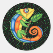 Cartoon Hagedis Holding Leaf Vibrant Kleuren Stipp Ronde Sticker (Voorkant)