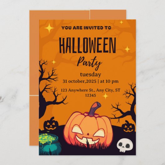 Cartoon Halloween Verjaardag Uitnodiging Pompoen s (Voorkant / Achterkant)