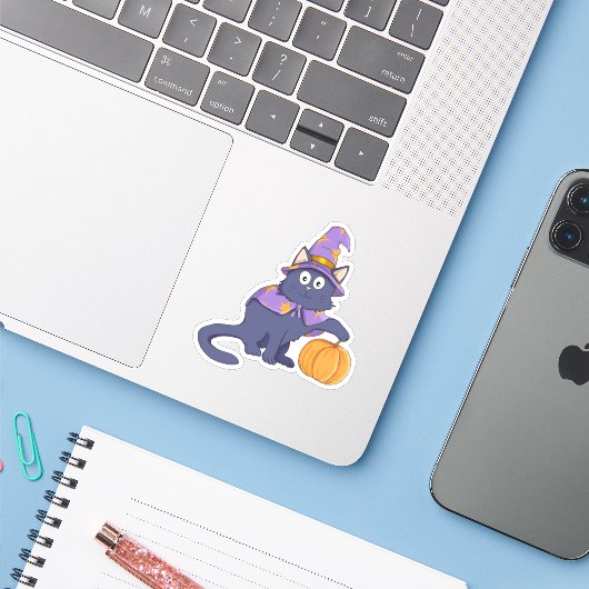 Cartoon Halloween Wizard Cat Sticker (Laptop met iPhone)