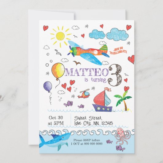 Cartoon Hand Draw Doodle Birthday Invitation Kaart (Voorkant)
