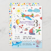 Cartoon Hand Draw Doodle Birthday Invitation Kaart (Voorkant / Achterkant)