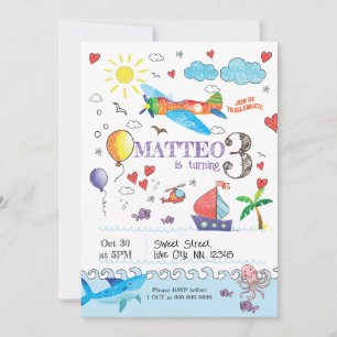Cartoon Hand Draw Doodle Birthday Invitation Kaart