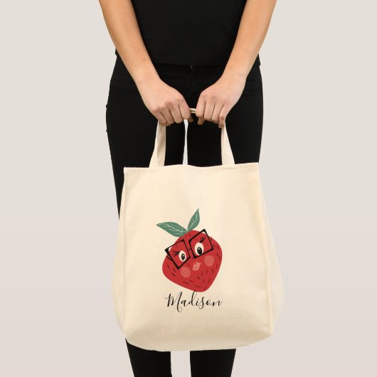 Cartoon handgeschreven bibliotheek met aardbeien v tote bag (Voorkant (product))