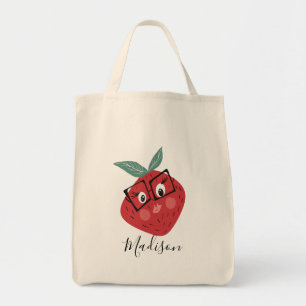 Cartoon handgeschreven bibliotheek met aardbeien v tote bag