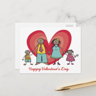 Cartoon Happy Family Big Red Heart Valentijnsdag Feestdagenkaart