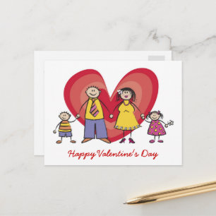Cartoon Happy Family Big Red Heart Valentijnsdag Feestdagenkaart