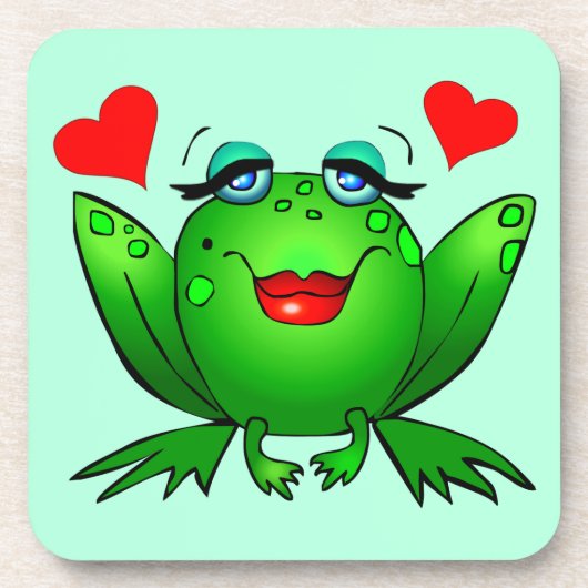 Cartoon Happy Lady Frog Aquamarine Onderzetter (Voorkant)