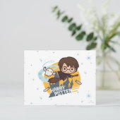 Cartoon Harry and Hedwig Flying Past Hogwarts Briefkaart (Staand voorkant)