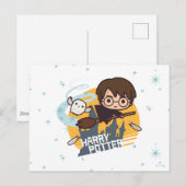 Cartoon Harry and Hedwig Flying Past Hogwarts Briefkaart (Voorkant / Achterkant)