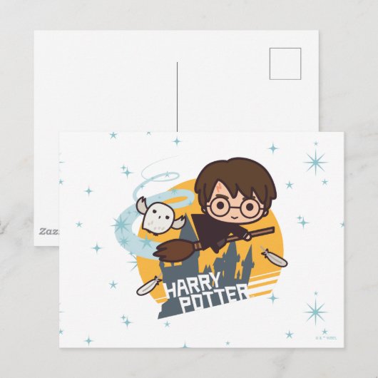 Cartoon Harry and Hedwig Flying Past Hogwarts Briefkaart (Voorkant / Achterkant)