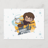 Cartoon Harry and Hedwig Flying Past Hogwarts Briefkaart (Voorkant)