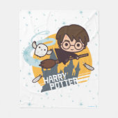 Cartoon Harry and Hedwig Flying Past Hogwarts Fleece Deken (Voorkant)