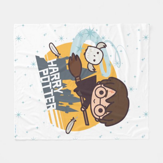 Cartoon Harry and Hedwig Flying Past Hogwarts Fleece Deken (Voorkant (Horizontaal))