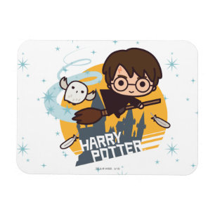 Cartoon Harry and Hedwig Flying Past Hogwarts Magneet