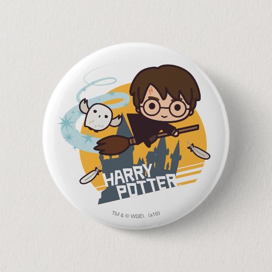 Cartoon Harry and Hedwig Flying Past Hogwarts Ronde Button 5,7 Cm (Voorkant)