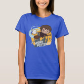 Cartoon Harry and Hedwig Flying Past Hogwarts T-shirt (Voorkant)