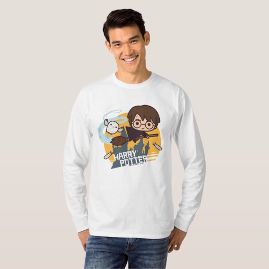 Cartoon Harry and Hedwig Flying Past Hogwarts T-shirt (Voorkant volledig)