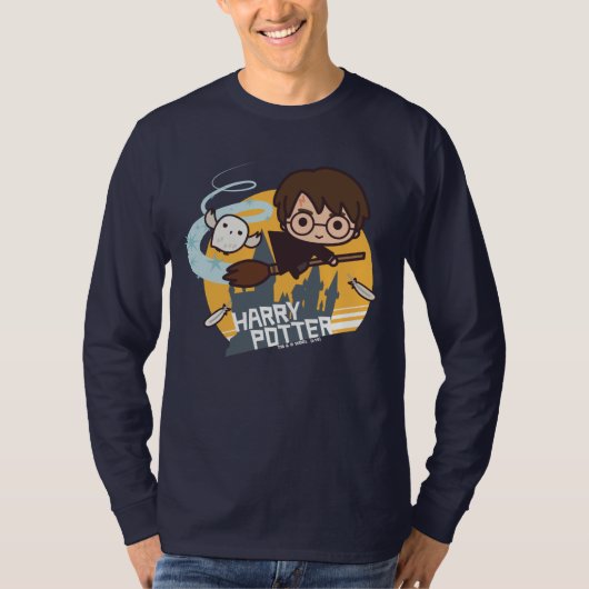 Cartoon Harry and Hedwig Flying Past Hogwarts T-shirt (Voorkant)