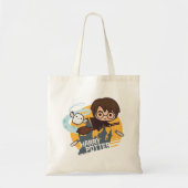 Cartoon Harry and Hedwig Flying Past Hogwarts Tote Bag (Voorkant)