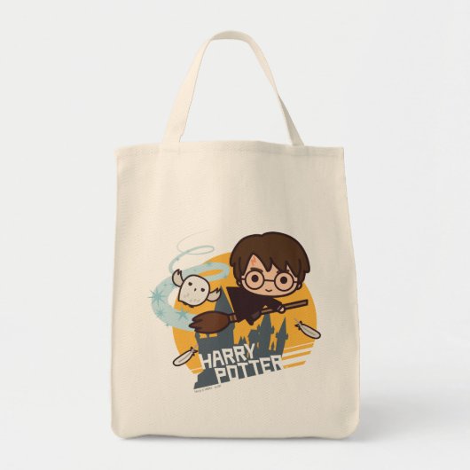 Cartoon Harry and Hedwig Flying Past Hogwarts Tote Bag (Voorkant)