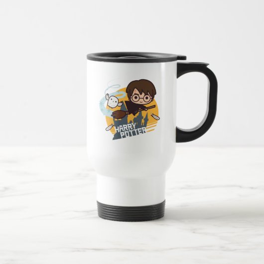 Cartoon Harry en Hedwig Flying Past Hogwarts Reisbeker (Rechts)