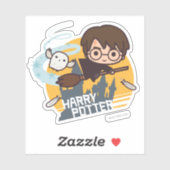 Cartoon Harry en Hedwig Flying Past Hogwarts Sticker (Vel)