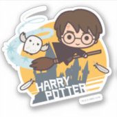 Cartoon Harry en Hedwig Flying Past Hogwarts Sticker (Voorkant)