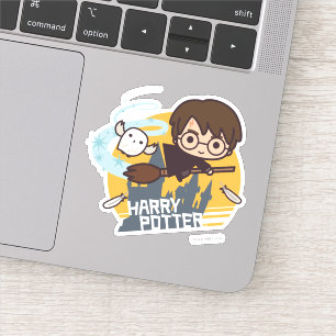 Cartoon Harry en Hedwig Flying Past Hogwarts Sticker
