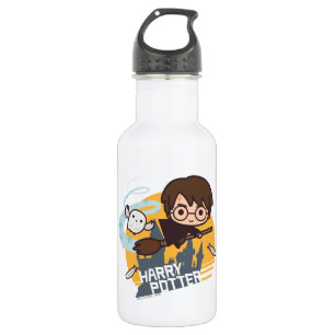 Cartoon Harry en Hedwig Flying Past Hogwarts Waterfles