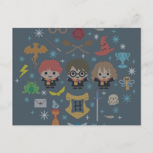 Cartoon Harry Potter Cross-Stitch Collage Feestdagenkaart (Voorkant)