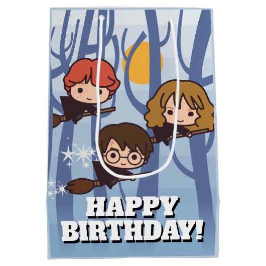 Cartoon Harry, Ron en Hermione vliegen in Bos Medium Cadeauzakje (Achterkant)