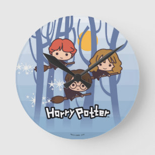 Cartoon Harry, Ron en Hermione vliegen in Bos Ronde Klok