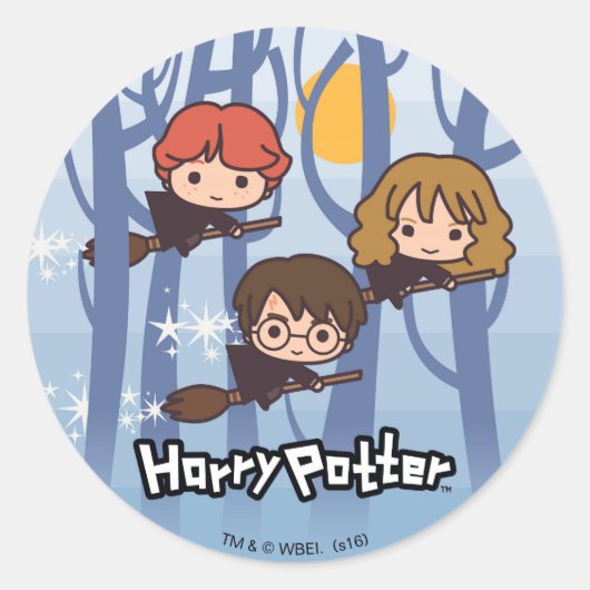 Cartoon Harry, Ron en Hermione vliegen in Bos Ronde Sticker (Voorkant)