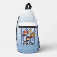 Cartoon Harry, Ron en Hermione vliegen in Bos