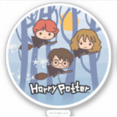 Cartoon Harry, Ron en Hermione vliegen in Bos Sticker (Voorkant)
