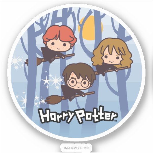 Cartoon Harry, Ron en Hermione vliegen in Bos Sticker (Voorkant)