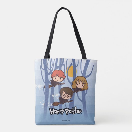 Cartoon Harry, Ron en Hermione vliegen in Bos Tote Bag (Achterkant)